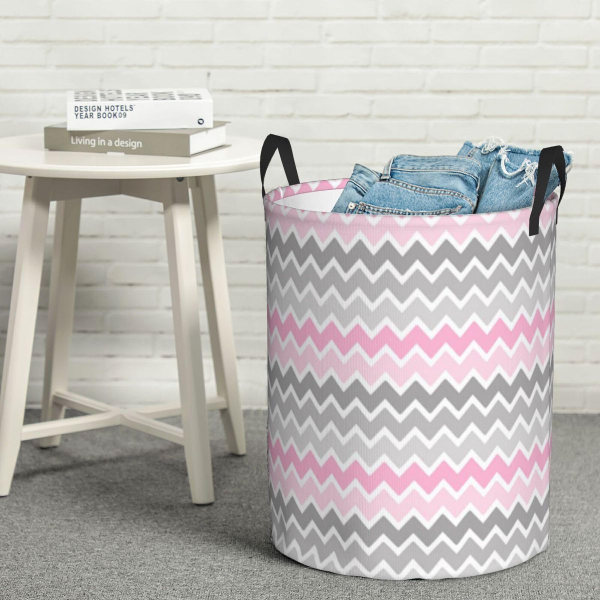 Large Laundry Hamper Bag, Collapsible Laundry Basket Pink Grey Gray Ombre Chevron Dirty Clothes Storage Washing Bin for Bathroom, Dorm Essentials