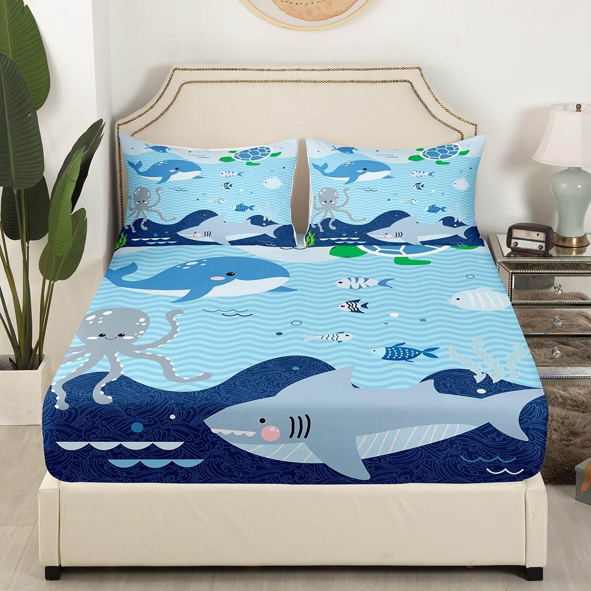 Shark and Whale Fitted Sheet,Full Size Cartoon Sea Animal Collections Octopus Turtle Theme,Soft Decorative Fabric Bedding Deep Pocket for Children Teens Young Boys Girls,with 2 Pillowcases