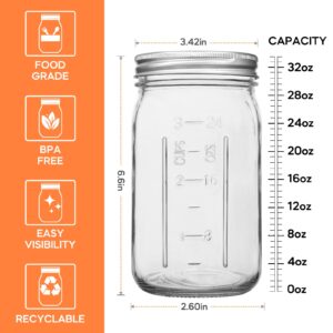 TOEKSIX Wide Mouth Mason Jars 32 oz/Quart with Airtight Lids and Bands 12 Pack, Clear Glass Jars for Canning, Preserving, Jam, Wedding Favors, Sauces, Meal Prep, Pickling, DIY Projects