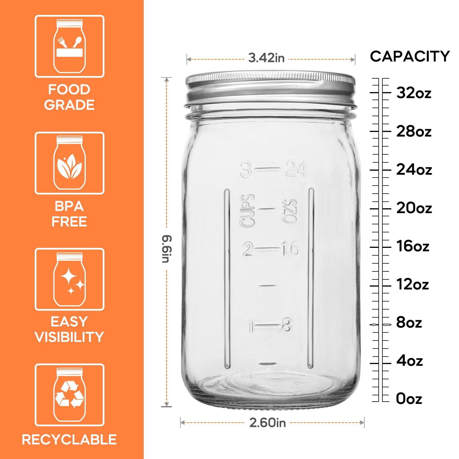 TOEKSIX Wide Mouth Mason Jars 32 oz/Quart with Airtight Lids and Bands 12 Pack, Clear Glass Jars for Canning, Preserving, Jam, Wedding Favors, Sauces, Meal Prep, Pickling, DIY Projects