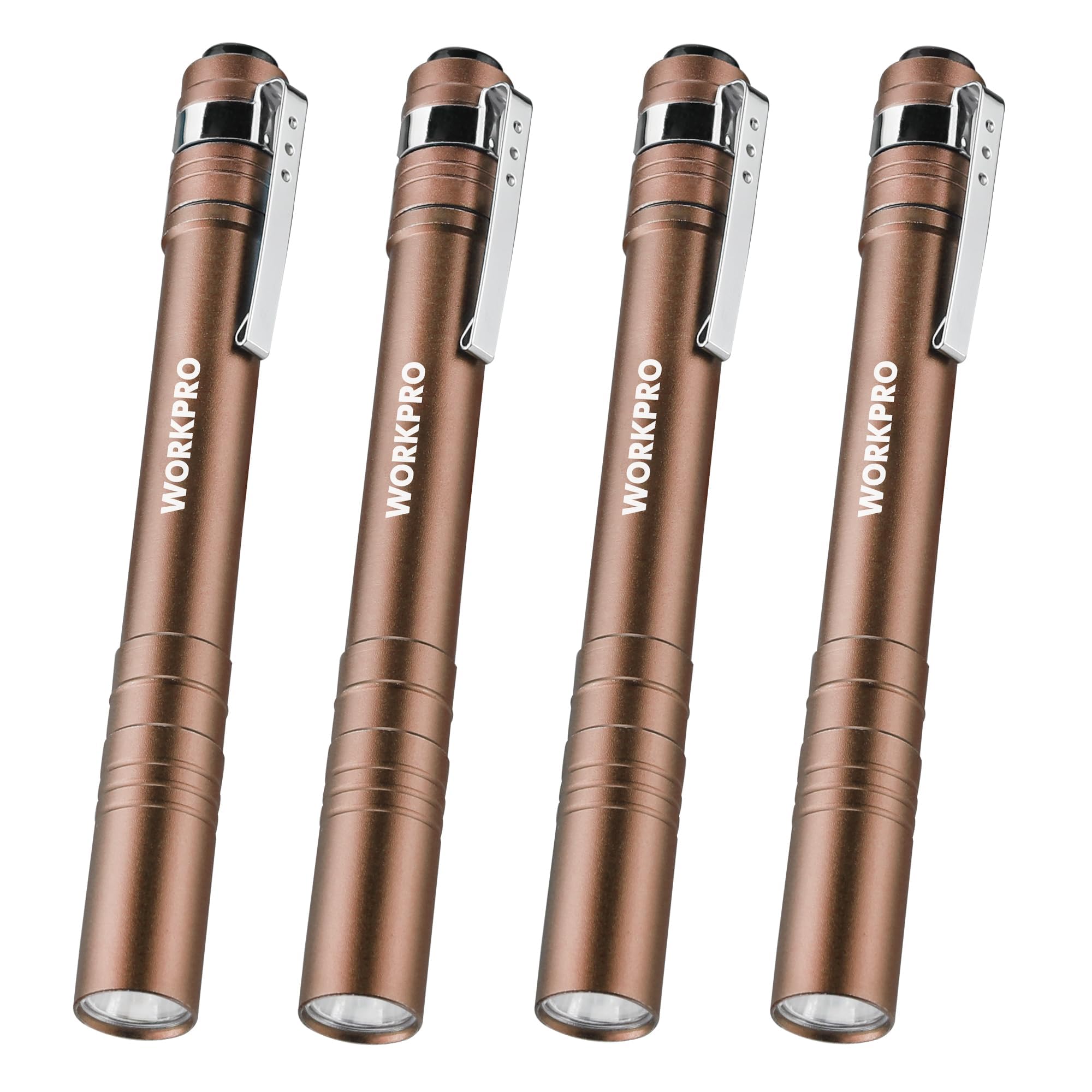 WORKPRO LED Pen Light, Aluminum Pen Flashlights, Pocket Flashlight with Clip for Inspection, Emergency, Everyday, 2AAA Batteries Include, Brown(4-Pack)