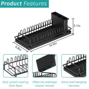 Giwil Small Dish Drying Rack, Compact Dish Rack with Silicone Tray and Caddy, Multifunctional Dish Drainer Sink Drying Rack for Kitchen Counter & Over The Sink, Stainless Stell, Black