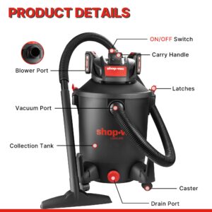 Shop-Vac 10 Gallon Wet Dry Vacuum Cleaner, 8.0 Peak Kpa Shop Vacuum with Blower Function, Cordless Vacuum Cleaner for Pet Hair, Jobsite, Garage, Home & Workshop