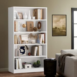 Soohow White Bookshelf, Bookcase with Adjustable Shelves, 5 Shelf Bookcase, Book Case, Wood Bookshelf, Large Tall White Bookshelf for Living Room, Bedroom, 60 in Tall, 33 in Wide, 11.6 in Deep