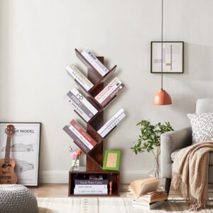 ohohFLOWER Tree Bookshelf 6 Layers with Drawers Retro Book Holder Rustic Brown Wooden Floor Standing Bookshelf for Living Room,Bedroom,Home Office Modern Bookcase