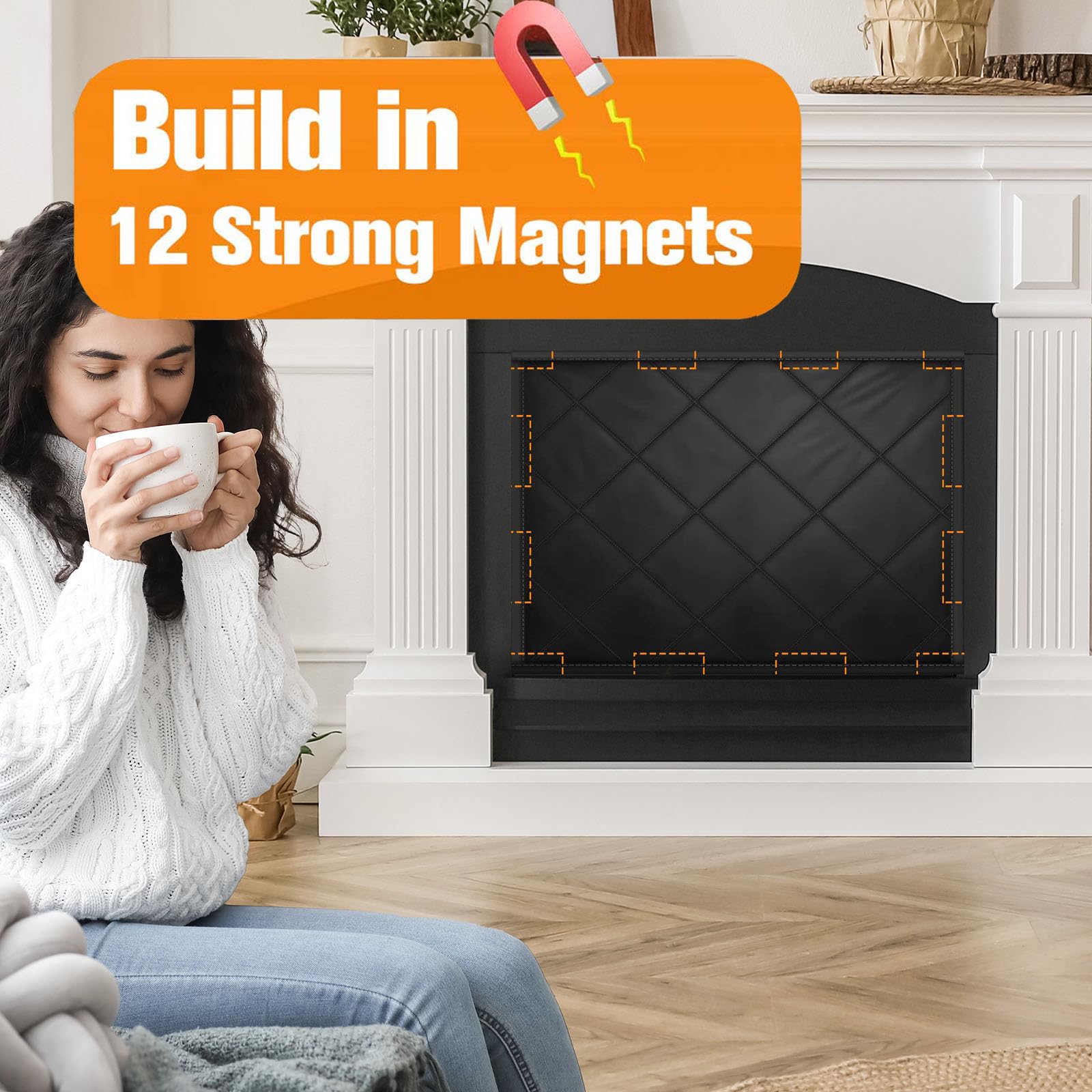 Magnetic Fireplace Draft Cover, Fireplace Blocker Blanket for Heat Loss, Indoor Fireplace Draft Stopper with 12 Magnets for Iron Fireplace Frame, Fireplace Blanket for Insulation Black 36" W x 32" H