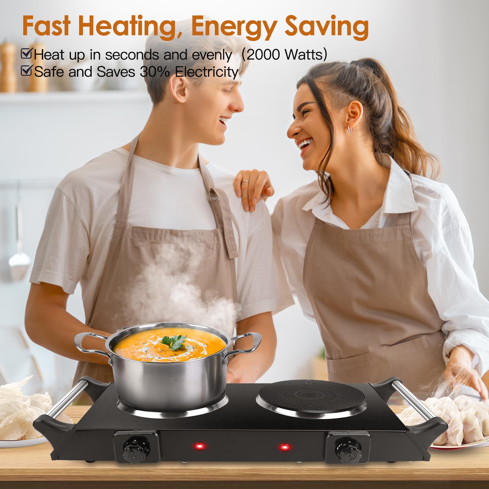 KOCASO 2000W Double Hot Plates, Electric Countertop Burners for Portable Coil Heating, with 5 Temperature Control and Non Slip Rubber Feet, Electric Stove Top Burner for Home RV Camp,Black