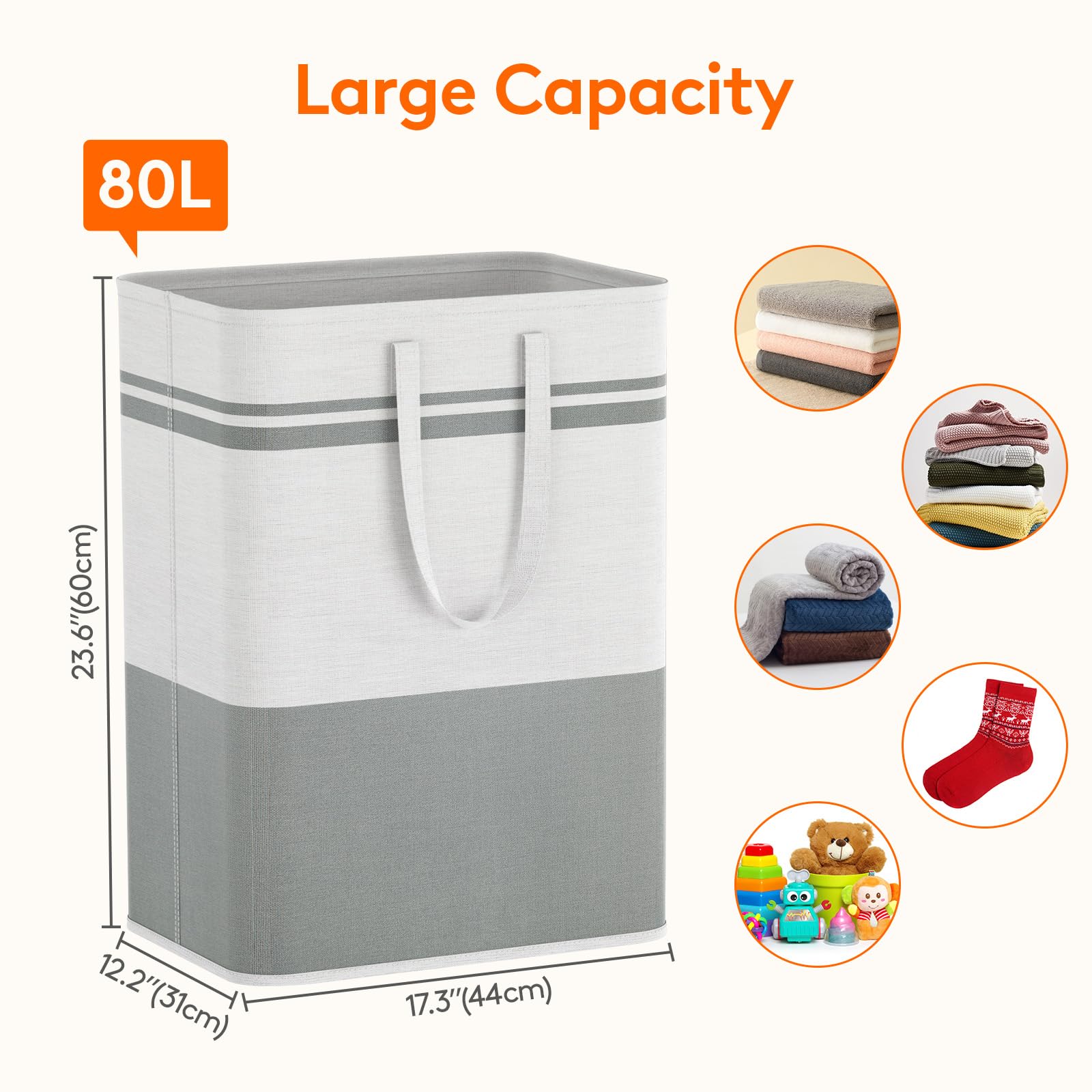 Lifewit 2 Pack 80L Large Freestanding Laundry Hamper, Collapsible Laundry Basket with Easy Carry Handles, Waterproof Tall Clothes Hamper for Laundry Dorm Bedroom Bathroom, Grey-White