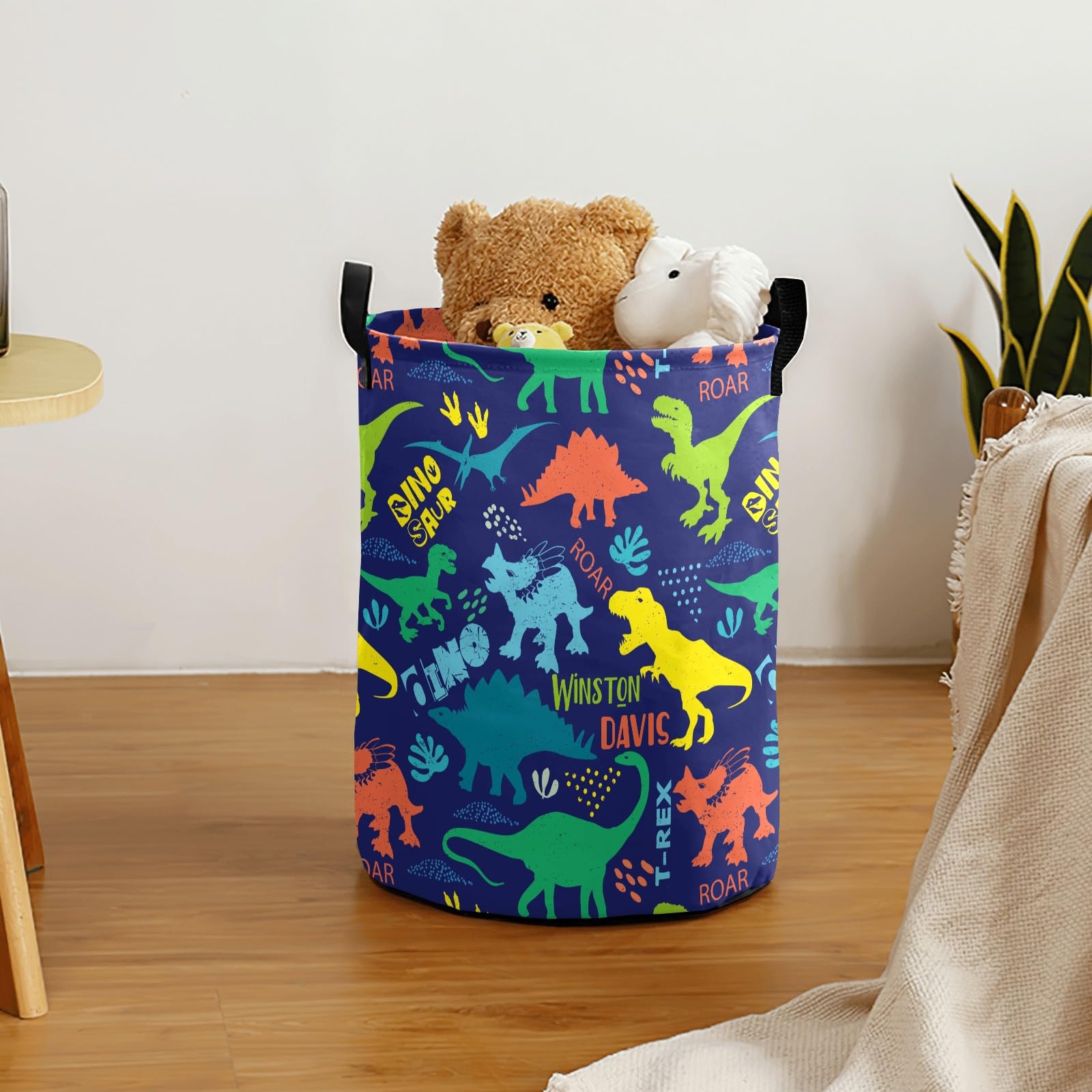 Custom Name Cartoon Dinosaur Collapsible Laundry Basket, Laundry Hamper with Handles Waterproof Oxford Laundry Hamper Household Organizer Basket