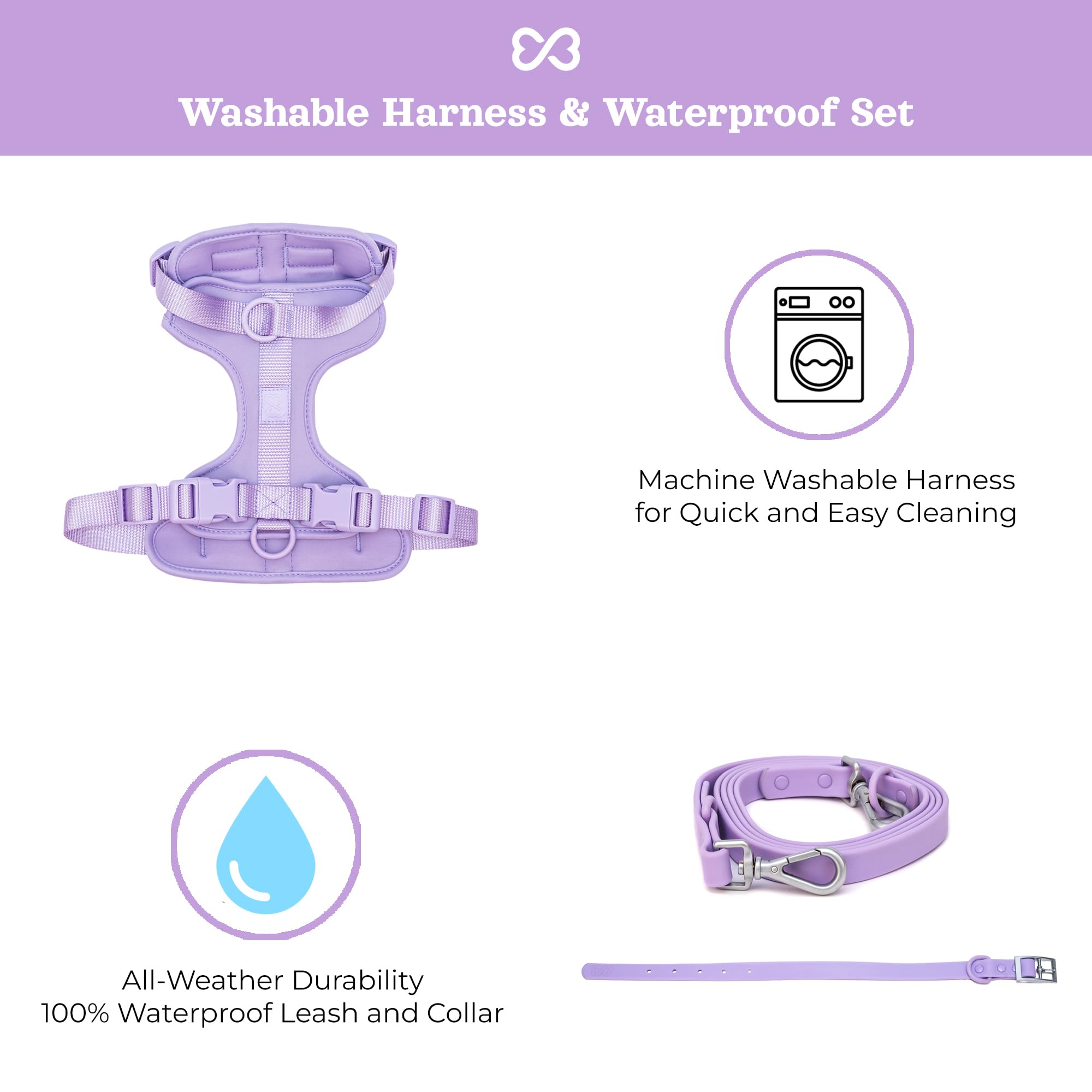 Dog Harness and Leash Set | BearBone No Pull Dog Harness and Waterproof Dog Collar and Leash Set | Heavy Duty Dog Harness, Leash and Collar | Medium Dog Harness, Leash and Collar (Lilac, Medium)