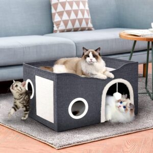 Heeyoo Cat House for Indoor Cats - Large Cat Bed Cave with Fluffy Ball and Scratch Pad, Foldable Cat Houses & Condos, Cat Cubes, Cat Hideaway, Covered Cat Bed for Multi Small Pet Large Kitty