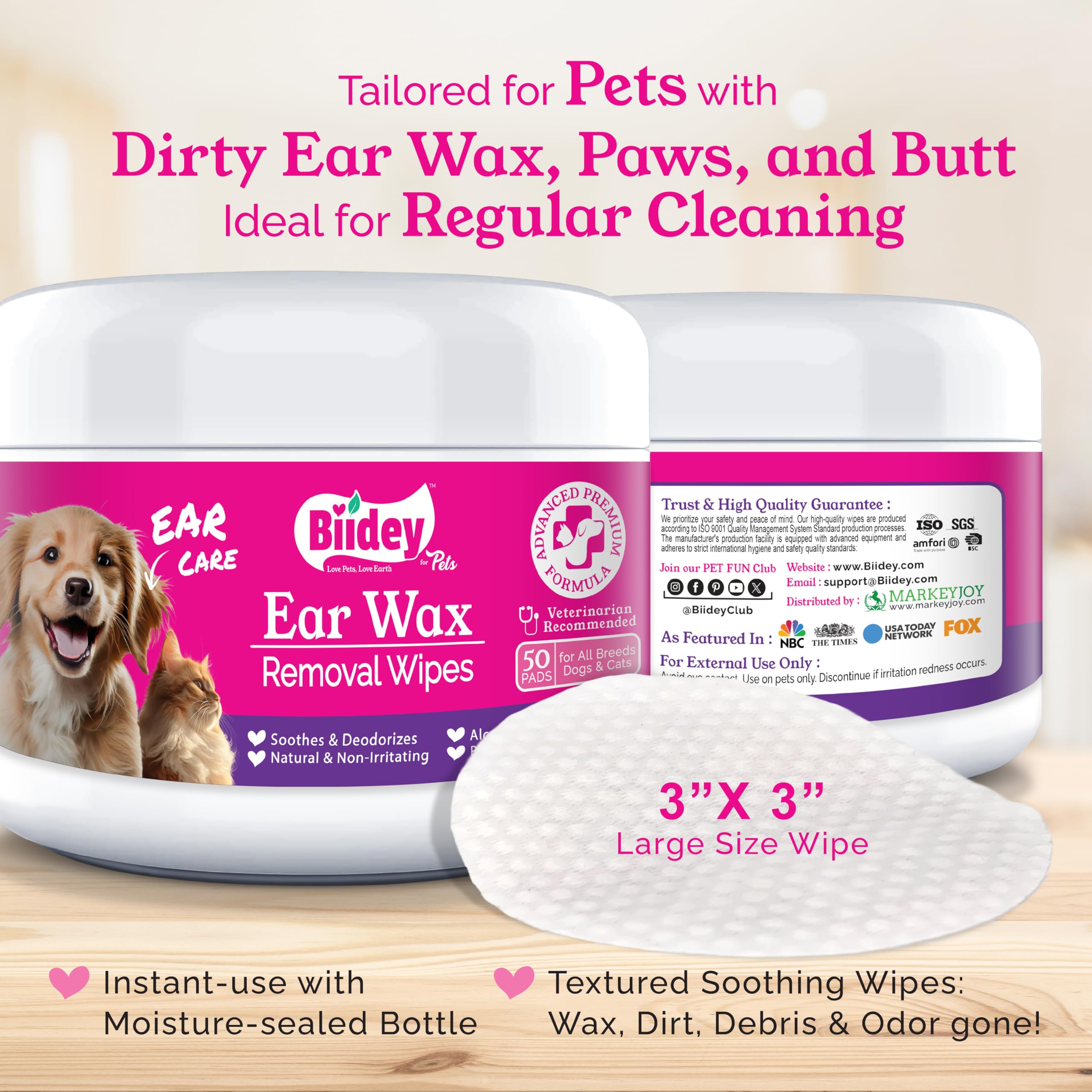 Biidey Dog Ear Wipes, Ear Cleaner for Dogs and Cats, Relieve Ear Itching, Inflammation & Infections, Clean Ear Wax, Debris, Soothe & Deodorize, Natural Organic Essential Grooming Supplies, Paw Cleaner