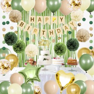 Lasocy Sage Green Happy Birthday Party Decorations Sage olive green Gold Retro Green Balloons Nude Happy Birthday Banner Neutral Rustic Botanical Greenery Décor Supplies for Women Girls Baby