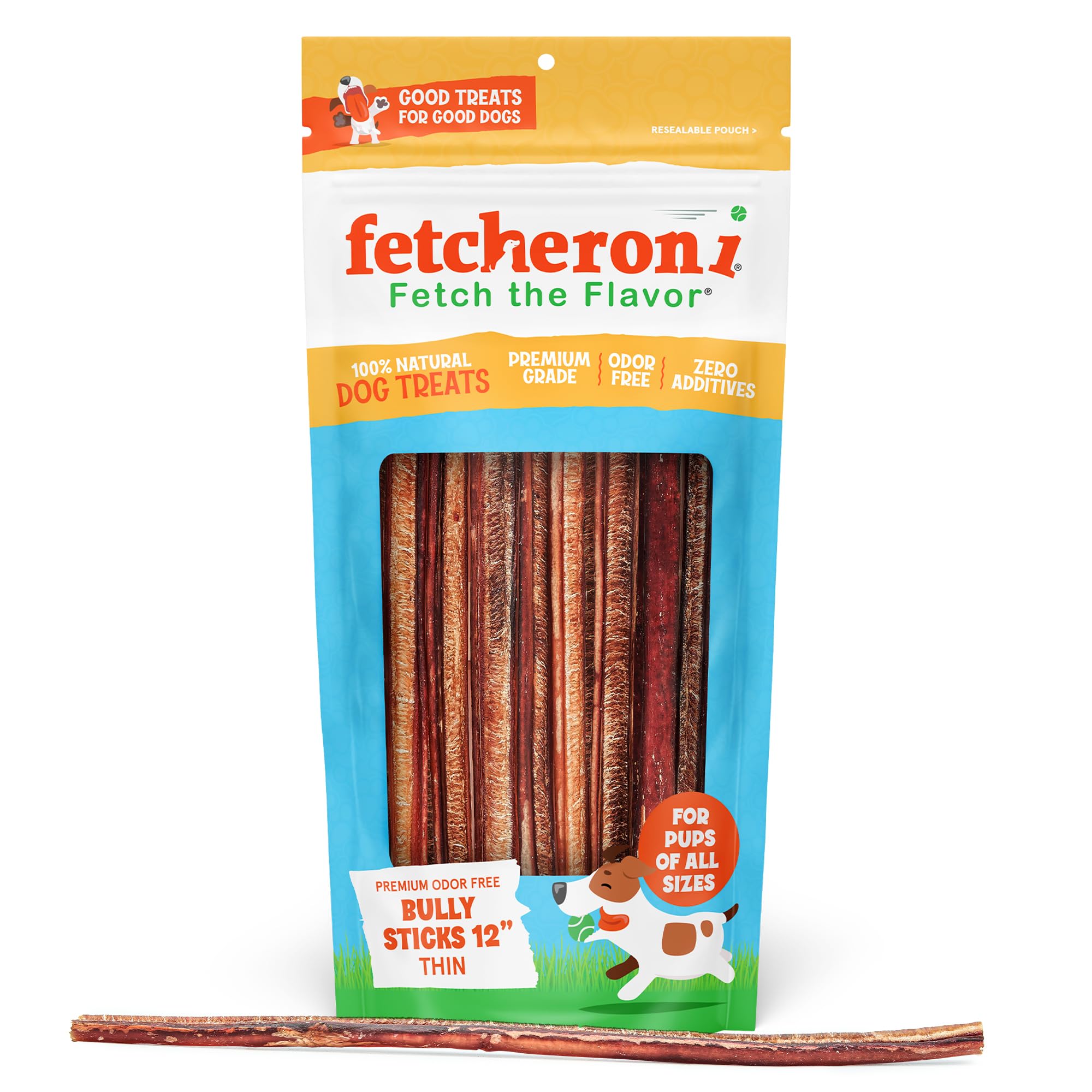 FETCHERONI Thin Bully Sticks for Dogs - Premium Single Ingredient Dog Treats for Small Dogs and Teething Puppies- Great Flavor - Beef Bully Sticks for Small Dogs, Puppy chew Sticks (12 Inch, 10 Pack)