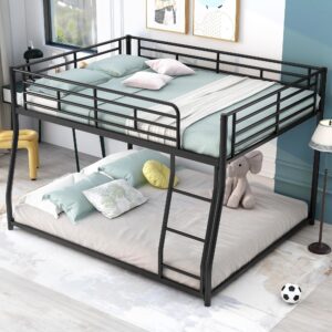 lostcat full xl over queen bunk beds for adults, heavy-duty metal bunk bed for boys girls teens bedroom dormitory, storage space, noise free, easy assembly, black