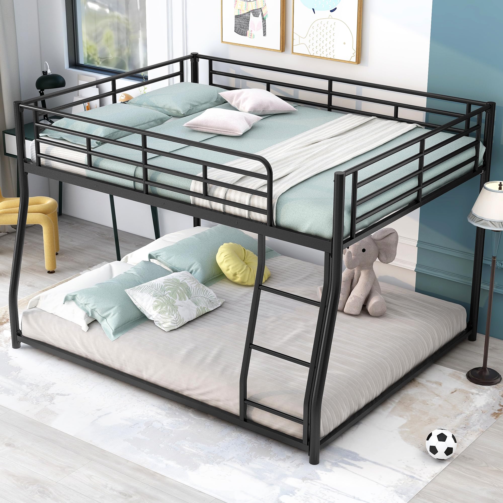 LostCat Full XL Over Queen Bunk Beds for Adults, Heavy-Duty Metal Bunk Bed for Boys Girls Teens Bedroom Dormitory, Storage Space, Noise Free, Easy Assembly, Black