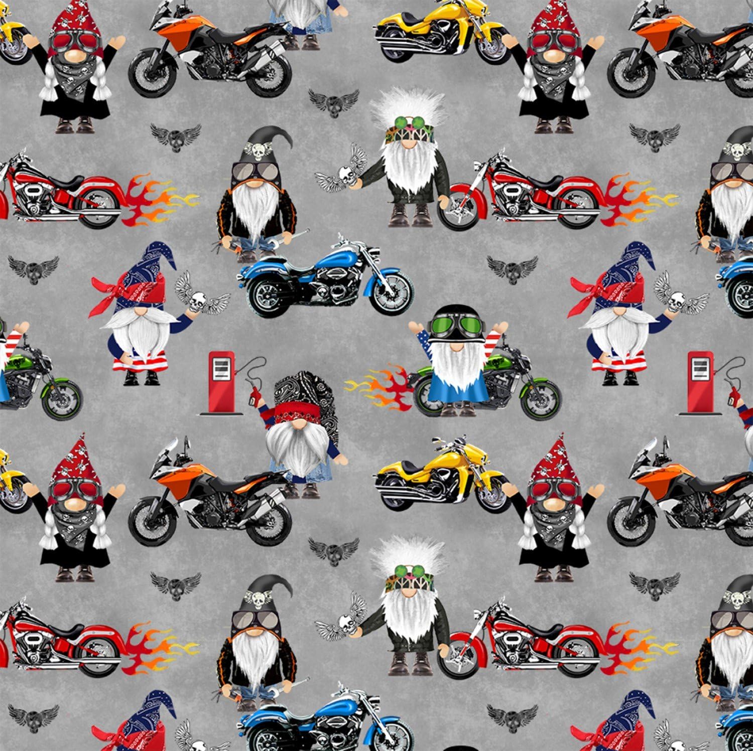 Timeless Treasures Bad to The Gnome CD2511 Grey Biker Gnomes Fabric