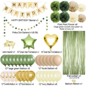 Lasocy Sage Green Happy Birthday Party Decorations Sage olive green Gold Retro Green Balloons Nude Happy Birthday Banner Neutral Rustic Botanical Greenery Décor Supplies for Women Girls Baby