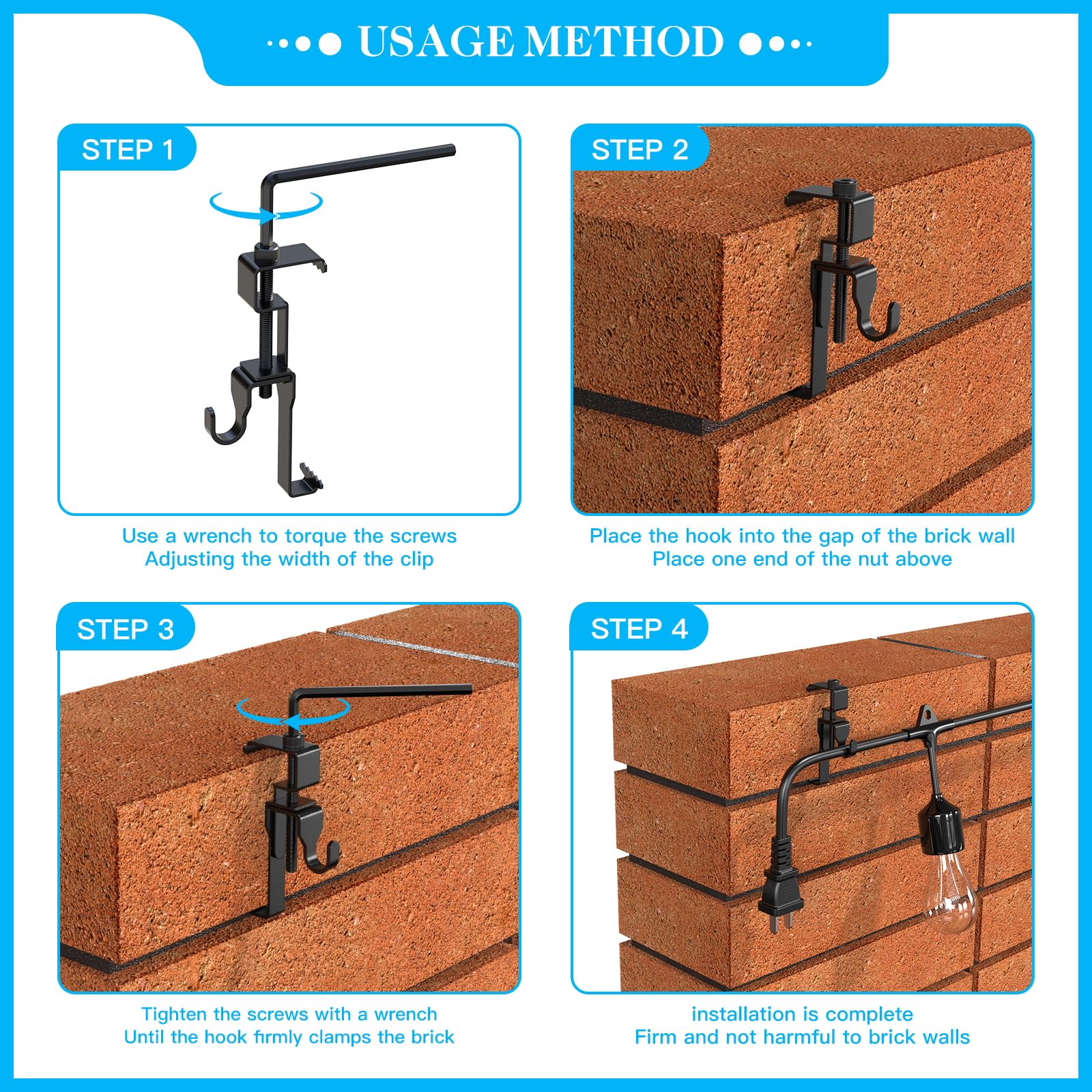 Lewufe Stainless Steel Brick Wall Clips, Brick Hooks Clamp Outdoor Heavy Duty 1-3/4" to 2-3/4" Brick Hook Brick Hangers No Drill, 6 Packs