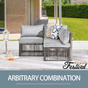 Festival Depot 3 Pieces Patio Conversation Set Sectional Corner Sofa Combination Outdoor Furniture All-Weather Wicker Metal Armless Chairs with Seating Back Cushions Garden Deck Poolside (Grey)