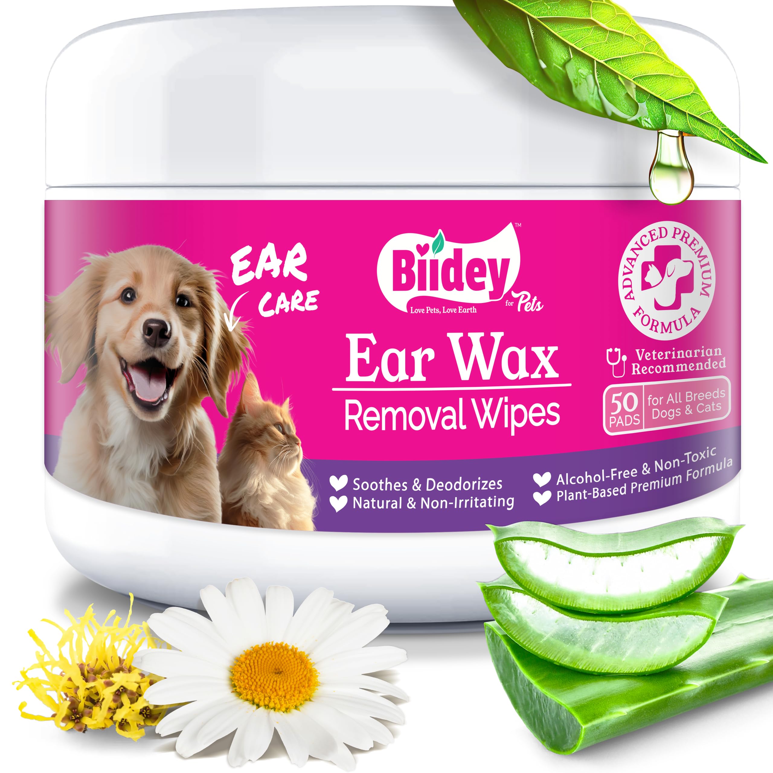 Biidey Dog Ear Wipes, Ear Cleaner for Dogs and Cats, Relieve Ear Itching, Inflammation & Infections, Clean Ear Wax, Debris, Soothe & Deodorize, Natural Organic Essential Grooming Supplies, Paw Cleaner