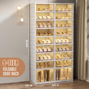 Beeveer Foldable Shoes Rack Organizer Clear Portable Plastic Shoes Rack for Closet Entryway Shelf Collapsible Large Storage Box Stackable Assembly Shoe Cabinet with Lids Door(9-Tier for 18-36 Pairs)