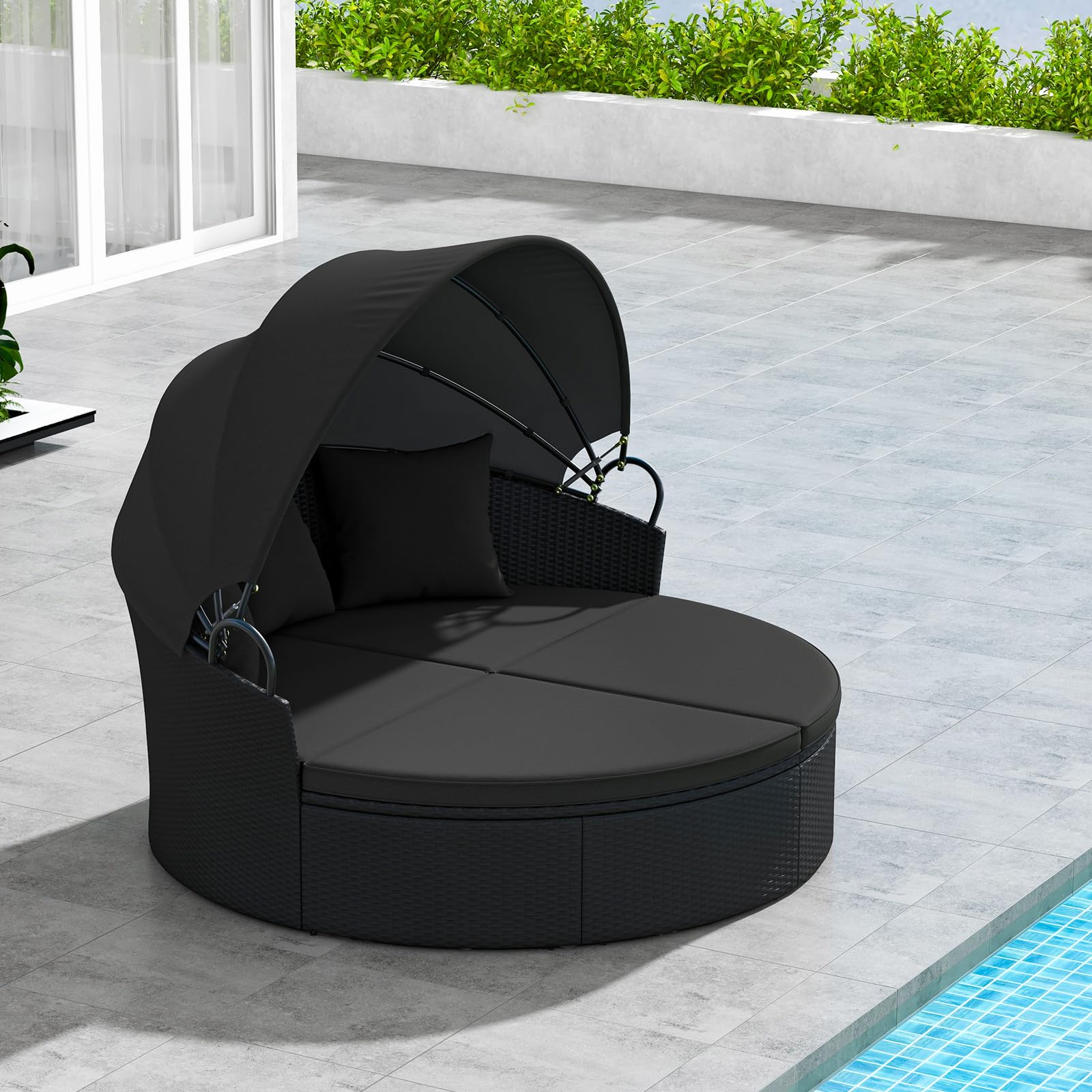 HAPPYGRILL Patio Round Daybed with Retractable Canopy, Separated Seating Sectional Wicker Sofa with Cushions & Pillows, Clamshell Daybed for Backyard Porch Poolside