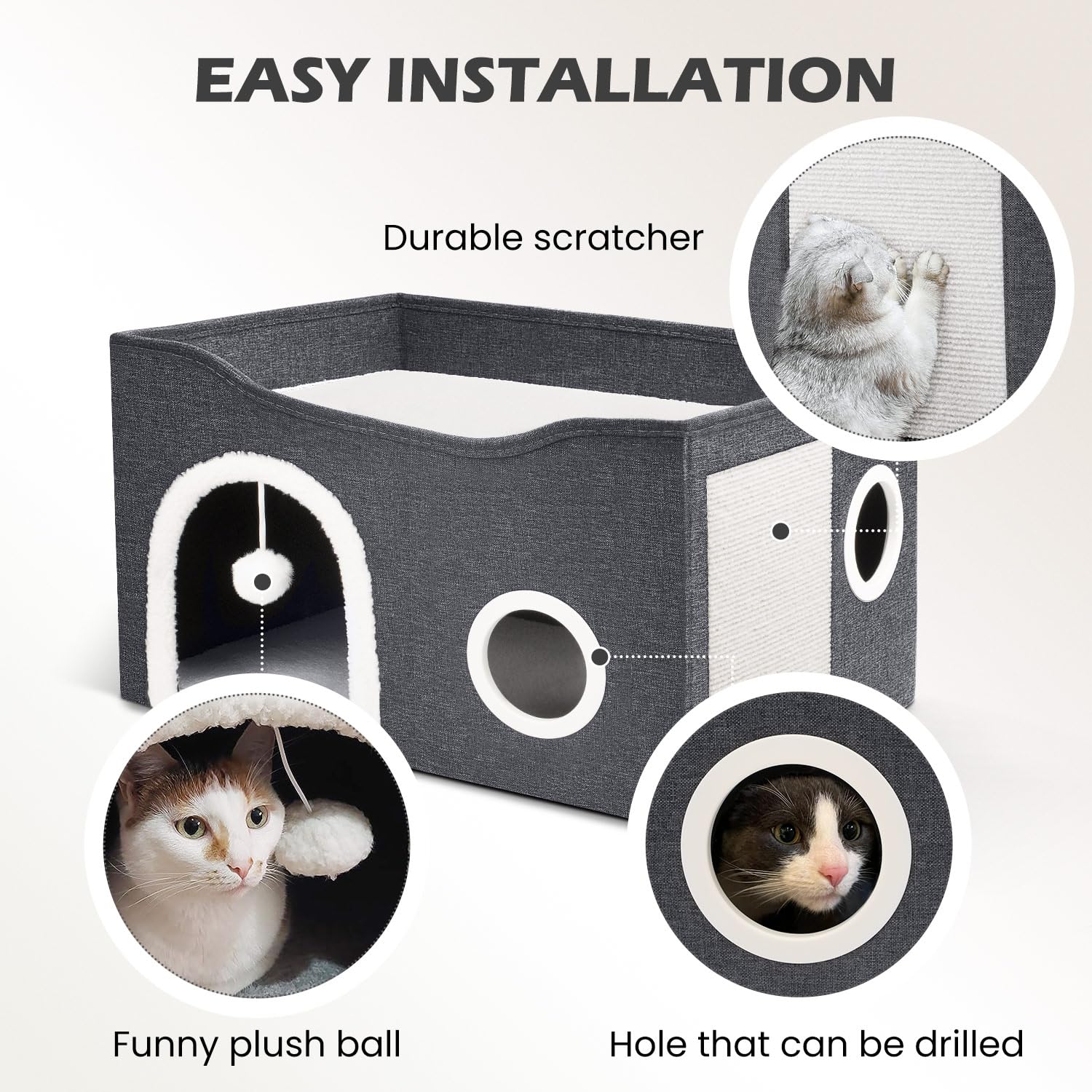 Heeyoo Cat House for Indoor Cats - Large Cat Bed Cave with Fluffy Ball and Scratch Pad, Foldable Cat Houses & Condos, Cat Cubes, Cat Hideaway, Covered Cat Bed for Multi Small Pet Large Kitty