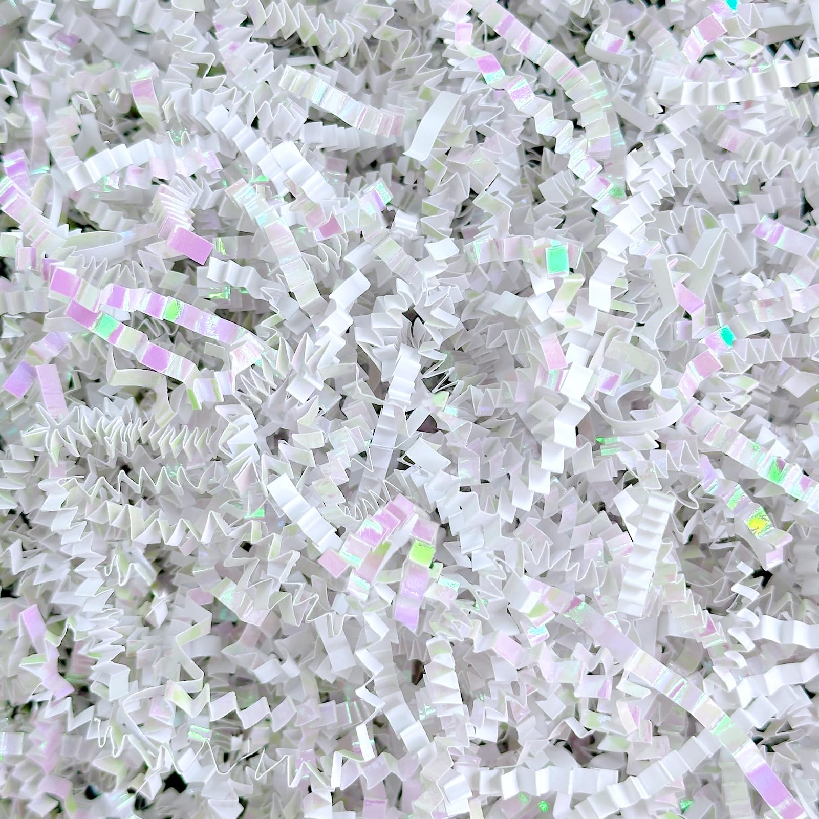 Corlcol 1LB Diamond White Sparkly Iridescent Crinkle Cut Paper Shred Filler For Gifts On Holiday Valentines Day Birthdays Weddings Party（3MM）