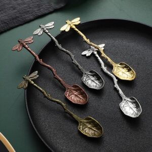 Gold Retro Dragonfly Spoon Coffee Spoon Teaspoon Stainless Steel Tableware Creative Sugar Spoon Tea Spoon Stir Bar Spoon Stirring Spoon, Dessert Spoon, Cake Spoon, Long Handle Spoon Kitchen Gadget Des