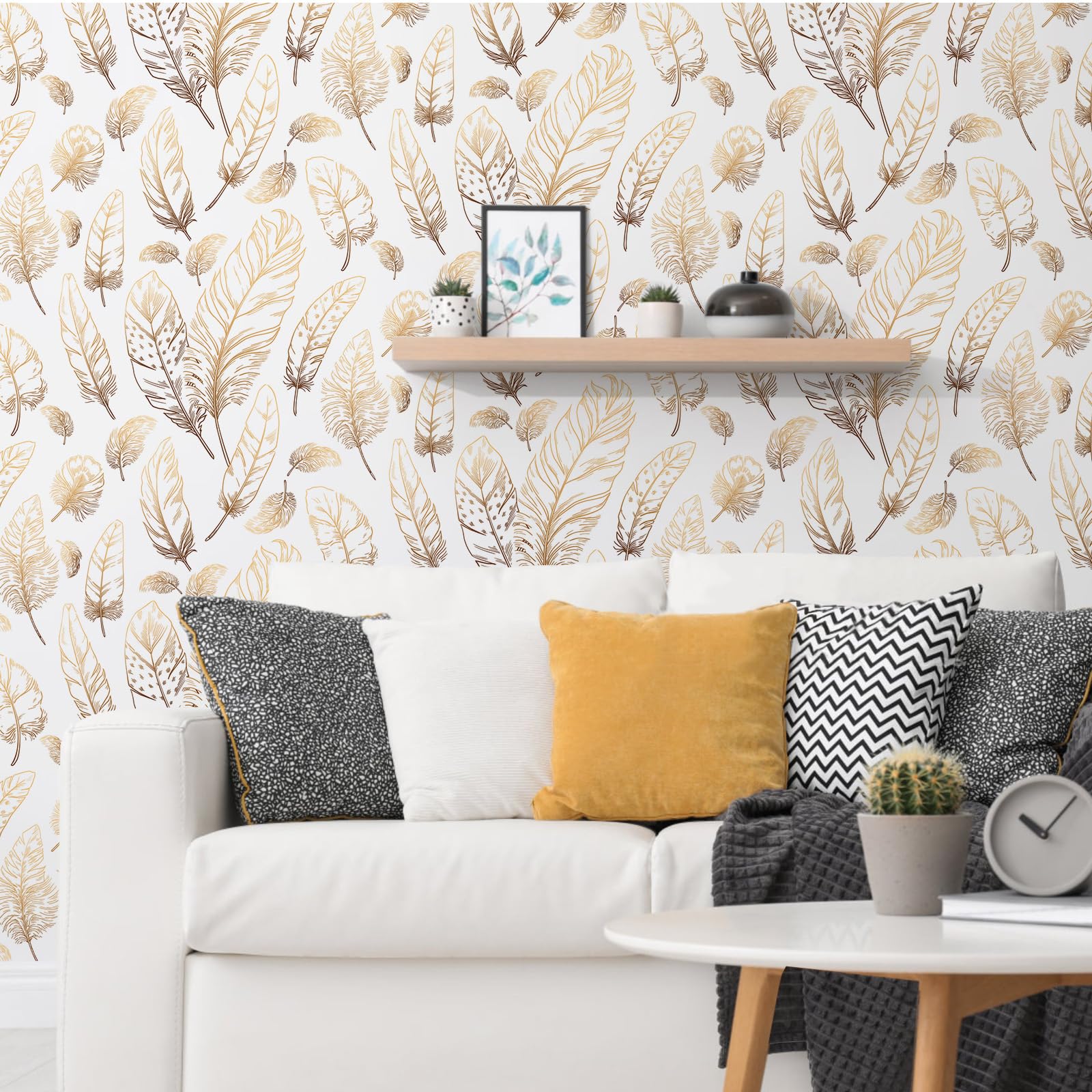 Qianglive White Peel and Stick Wallpaper 17.3"x80" Feather Wallpaper Neutral Textured Contact Paper Modern Removable Vinyl Wall Paper Waterproof Shelf Paper for Bedroom Living Room