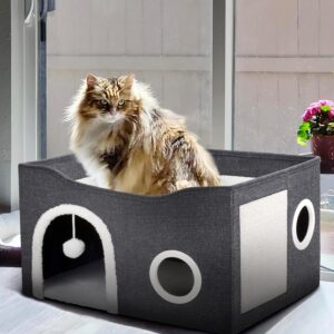 Heeyoo Cat House for Indoor Cats - Large Cat Bed Cave with Fluffy Ball and Scratch Pad, Foldable Cat Houses & Condos, Cat Cubes, Cat Hideaway, Covered Cat Bed for Multi Small Pet Large Kitty