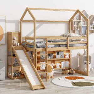 yopto twin size wood house loft bed with slide, storage shelves and light, climbing ramp,solid-wood loft bed for kids,wood play house bed for girls/boys/toddlers,wood-color