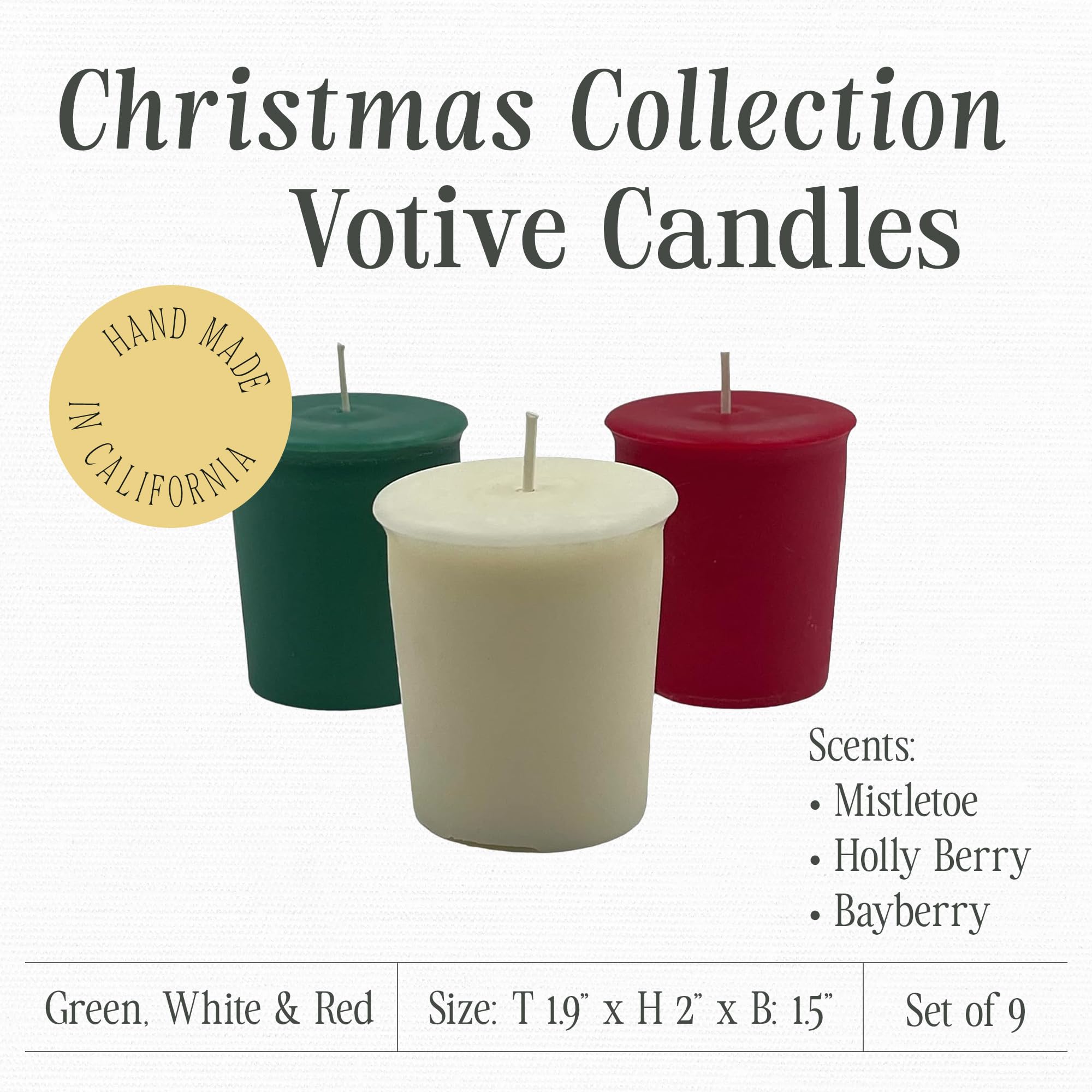 Mister Candle Handmade Votive Candles Scented, Holiday & Christmas Candles Collection With Essential Oils, 15 Hour Burn Time Each, Assorted 3 of Each Scent, (Mistletoe, Holly Berry & Bayberry)