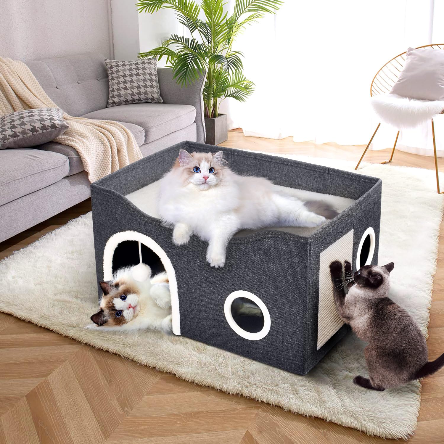 Heeyoo Cat House for Indoor Cats - Large Cat Bed Cave with Fluffy Ball and Scratch Pad, Foldable Cat Houses & Condos, Cat Cubes, Cat Hideaway, Covered Cat Bed for Multi Small Pet Large Kitty