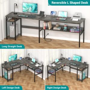 Hyomdeck Reversible L Shaped Gaming Desk with Power Outlets and USB Charging Ports, Sturdy Computer Desk with Storage Shelf, Modern Corner Desk Home Office Table, Easy to Assemble, Gray Oak