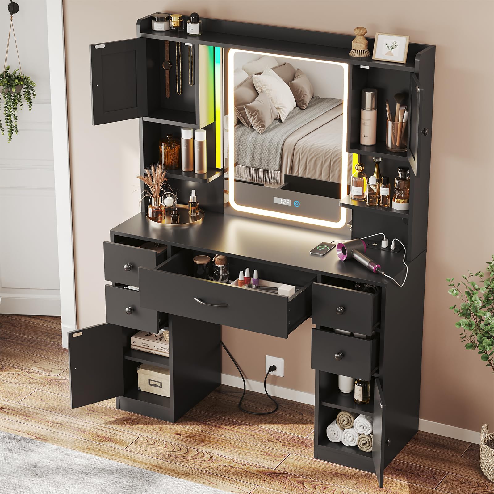 Tiptiper Makeup Vanity with Mirror & Lights, Power Outlet & RGB Lights, Vanity Desk with 5 Drawers, 4 Cabinets & Time Display, Large Dressing Table, Black