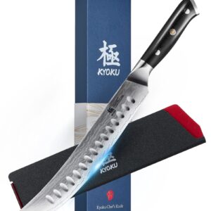 KYOKU 10" Scimitar Knife, Gin Series Cimitar Breaking Knife with Silver PVD Coating Damascus Blade, Japanese VG10 Stainless Steel Butcher Knife, Full Tang Brisket Kitchen Knife with Sheath & Case