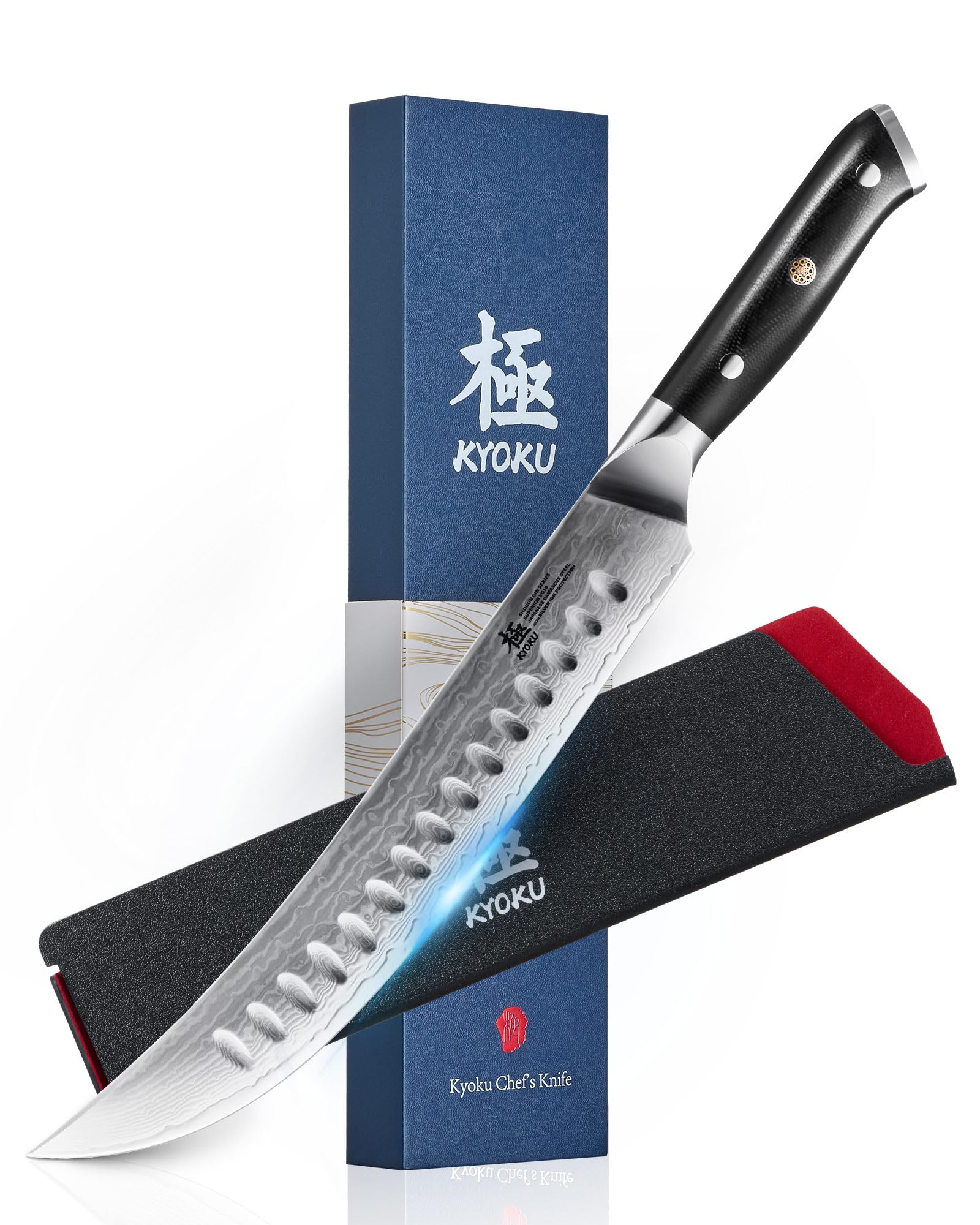 KYOKU 10" Scimitar Knife, Gin Series Cimitar Breaking Knife with Silver PVD Coating Damascus Blade, Japanese VG10 Stainless Steel Butcher Knife, Full Tang Brisket Kitchen Knife with Sheath & Case