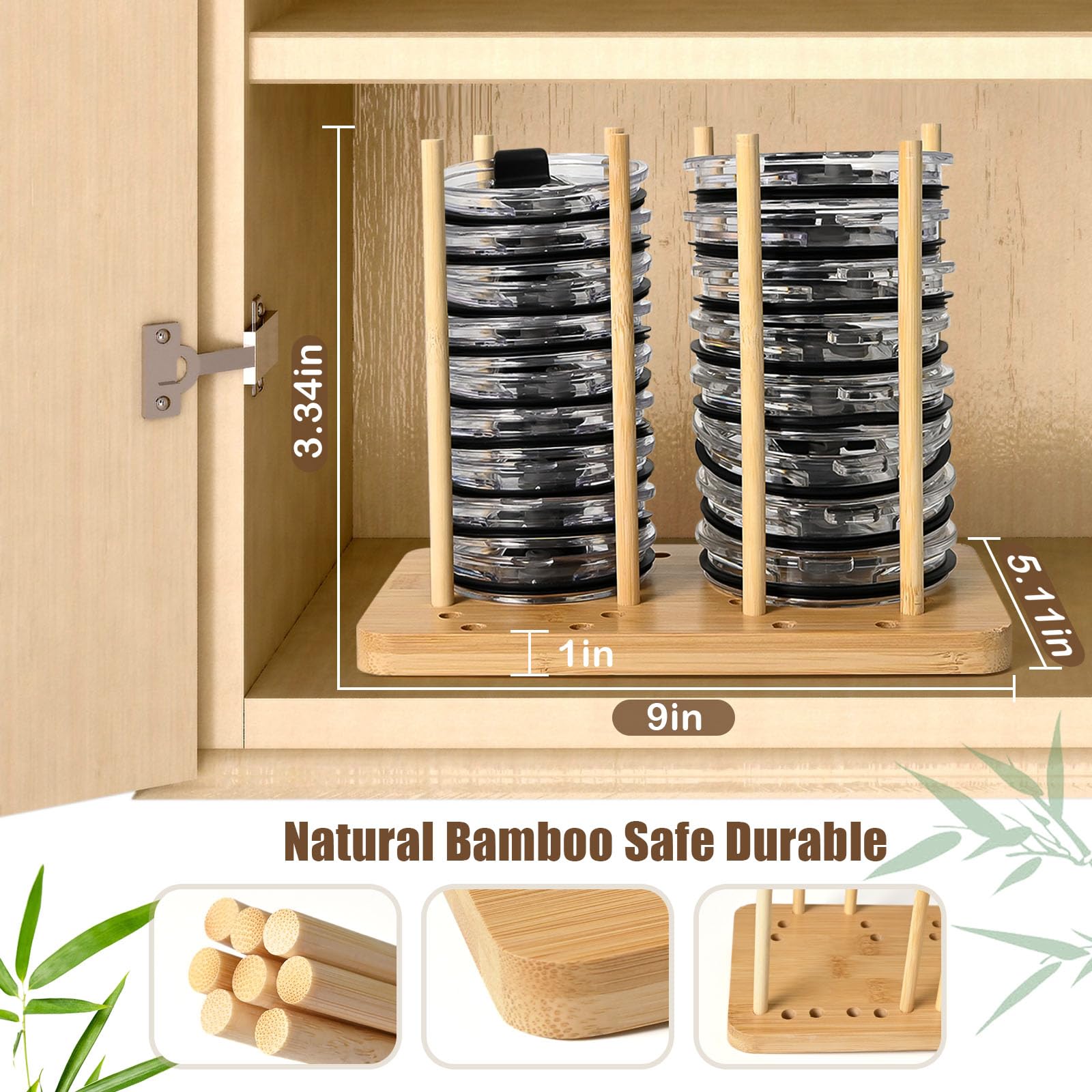 XIXUN Bamboo Tumbler Lid Organizer for Cabinet Extra Thick Base Holds Up to 20 Cups Lid Organizer Compatible with Bamboo Water Bottle Lid Holder Coffee Cup Lid Stacker Easy to Assemble