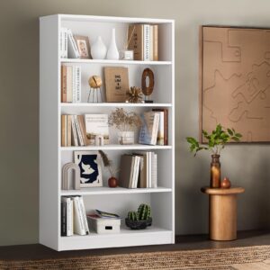 Soohow White Bookshelf, Bookcase with Adjustable Shelves, 5 Shelf Bookcase, Book Case, Wood Bookshelf, Large Tall White Bookshelf for Living Room, Bedroom, 60 in Tall, 33 in Wide, 11.6 in Deep