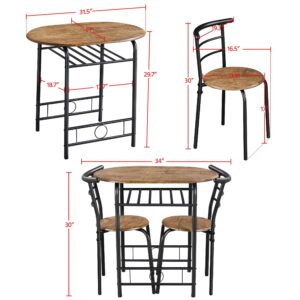 Yaheetech 3-Piece Dining Table Set, Breakfast Bistro Table Set for 2, Small Kitchen and Table Chairs Set of 2 with Metal Frame and Storage Rack for Small Space/Apartment/Dorm Room, Brown