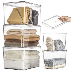 sgoostood lidded plastic storage bins set clear desk basket box organizer kitchen container clothes laundry closet cabinet shelf, organization and storage for shelves office bathroom(clear 3xl+2m)