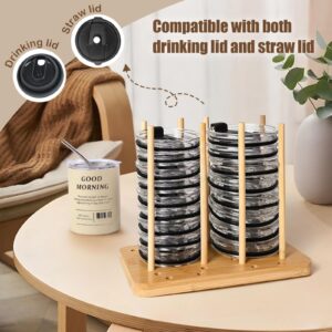 XIXUN Bamboo Tumbler Lid Organizer for Cabinet Extra Thick Base Holds Up to 20 Cups Lid Organizer Compatible with Bamboo Water Bottle Lid Holder Coffee Cup Lid Stacker Easy to Assemble