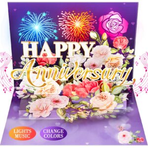 fitmite anniversary card, music & light pop up valentine's card with fireworks flowers gifts for him her husband wife couple-purple