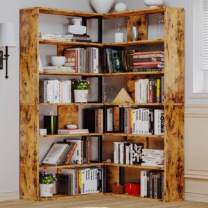 ironck bookshelves 6-tier with industrial large corner etagere shelf bookcases display storage shelves for home office, living room, bed room, vintage brown