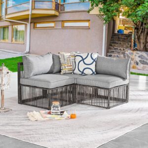 festival depot 3 pieces patio conversation set sectional corner sofa combination outdoor furniture all-weather wicker metal armless chairs with seating back cushions garden deck poolside (grey)