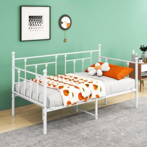 HAHRIR Metal Daybed Frame and Trundle Set Premium Steel Slat Support Daybed and Roll Sofa Bed (Shiny White, Twin)