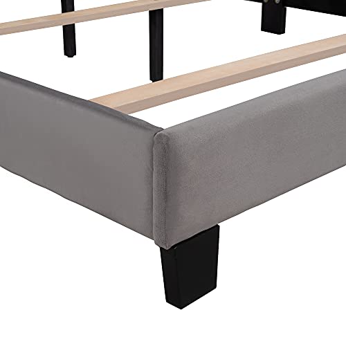 RORIGAT Queen Size Velvet Upholstered Platform Bed with Headboard and Strong Wooden Slats,Noise-Free,No Box Spring Needed,Gray