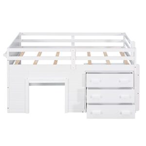 RORIGAT Twin Size Loft Bed with Storage Shelf and Cabinet, Wooden Low Loftbed Frame for Kids Boys Girls Bedroom Dorm, White